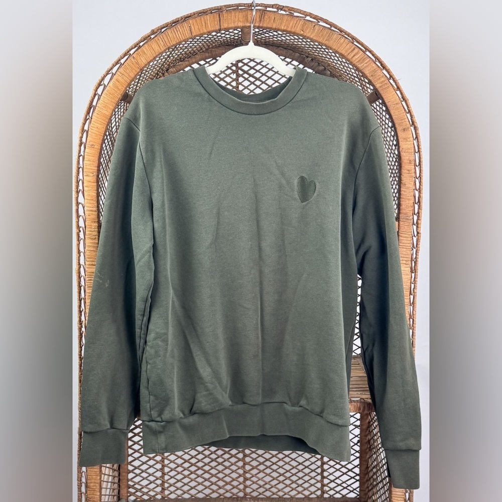 INIMIGO Organic Cotton Green Crewneck Sweatshirt Heart Patch 2XL EUC - Picture 2 of 4